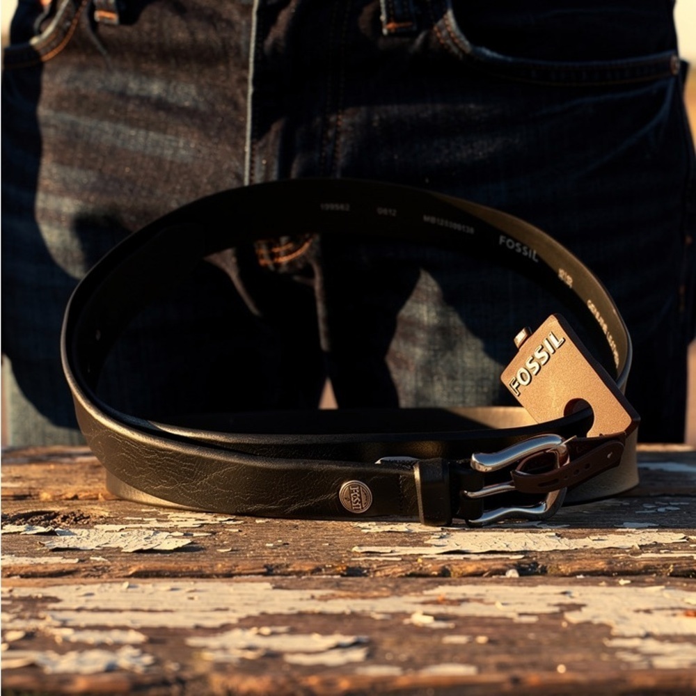 Fossil Dark Leather Belt with Silver Buckle